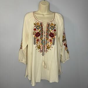 Johnny Was Clansy Peasant Embroidered Blouse Ivory Relax Boho Women's S